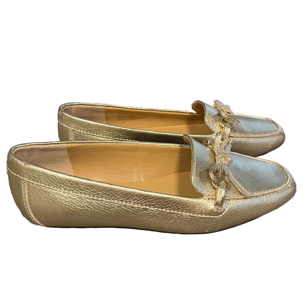 Talbots Soft Gold Metallic Leather Flats Sz 7 Bow Tie Moccasin Loafers EUC